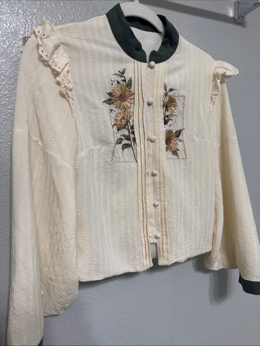 Cream & Olive Floral Embroidered Long Sleeve Dress with Suspender Skirt - Picture 15 of 16